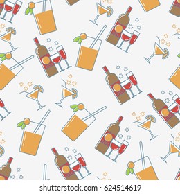 Alcohol line icon seamless pattern. Drink background. Red Wine, martini cocktail and fresh juise seamless pattern.