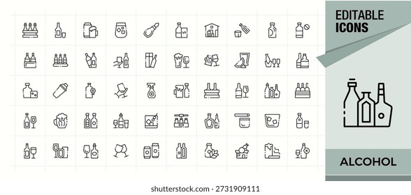 Alcohol line icon set. Contain linear symbols restaurant, beer, champagne, martini, drink, bar, whiskey. Beer line icon set. Simple line vector icons. Editable stroke. Vector collection.