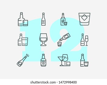 Alcohol line icon set. Set of line icons on white background. Drinking concept. Tequila, whiskey, vodka. Vector illustration can be used for topics like beverage, cafe, bar