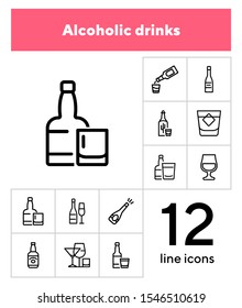 Alcohol line icon set. Set of line icons on white background. Drinking concept. Tequila, whiskey, vodka. Vector illustration can be used for topics like beverage, cafe, bar