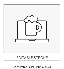  Alcohol Line Icon. Virtual Party With Beer. Drinking Beverages Near Laptop. Beer Concept. Isolated Vector Illustration. Editable Stroke