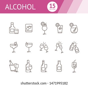 Alcohol line icons. Set of line icons. Glass with cocktail, bottle with glasses. Beverage concept. Vector illustration can be used for topics like advertising, business