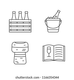 Alcohol linear icons set. Bar. Wine. Beer case, champagne bucket, cork, wine menu. Thin line contour symbols. Isolated vector outline illustrations. Editable stroke