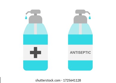 Alcohol liquid antiseptic. Bottle of antisepic gel. Medical disinfection. Disinfectant solution. Virus protection. Vector illustration.