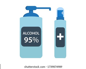 Alcohol liquid antiseptic. Pump and spray bottle. Medical disinfectant solution. 95% ethanol. Health care concept. Flat isolated illustration.