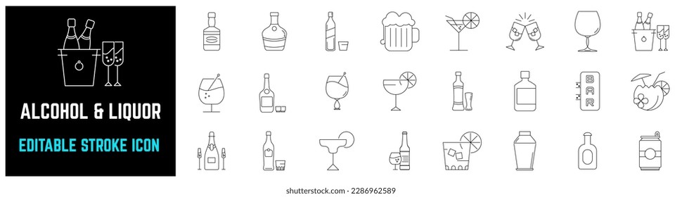 Juego de íconos de alcohol y licor Bebidas alcohólicas, botella de cerveza, vaso de vino, botella de whisky, trazo fino editable de champán.