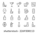 Alcohol and liquor icon set. It included icons such as whisky, wine, Champagne, Soju, vodka, beer, and more.
