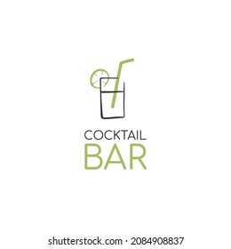 Alcohol logo. Logo for a bar, shop, restaurant. A glass with a straw and lemon on a white background with the inscription "cocktail bar". Vector illustration symbol.