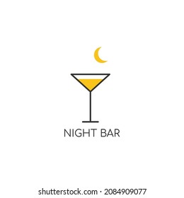 Alcohol logo. Logo for a bar, shop, restaurant. A glass of martini with yellow liquid on a white background with a crescent moon with the words "night bar". Vector illustration symbol.