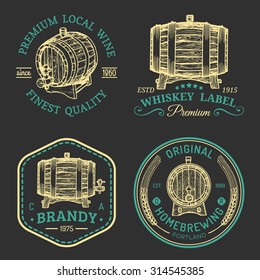 Alcohol logos. Wooden barrels set with drinks signs: cognac, brandy, whiskey, wine, beer. Typographic labels, badges with hand sketched kegs. Used for restaurant, cafe, bar menu.
