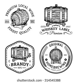 Alcohol logos. Wooden barrels set with drinks signs: cognac, brandy, whiskey, wine, beer. Typographic labels, badges with hand sketched kegs. Used for restaurant, cafe, bar menu.