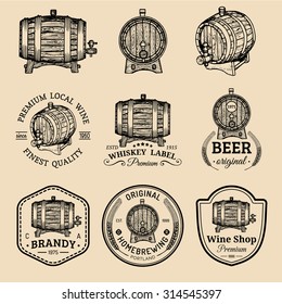 Alcohol logos. Wooden barrels set with drinks signs: cognac, brandy, whiskey, wine, beer. Typographic labels, badges with hand sketched kegs. Used for restaurant, cafe, bar menu.