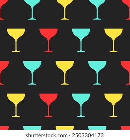 Alcohol margarita cocktails vector seamless pattern. Multicolor glasses on black background.