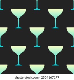 Alcohol margarita cocktails vector seamless pattern. Blue gradient glasses on black background.