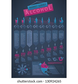 Alcohol Market Survey. Duotone: dark blue and pink Info-graphic vector template designed with a dummy text. Some transparency objects (charts, maps and other objects reflex and shadows)