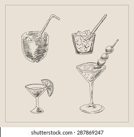 Alcohol  martini and coconut cocktail drink in glass with ice, in engraving etching sketch hand drawing style, for celebration, restaurant and  bar design