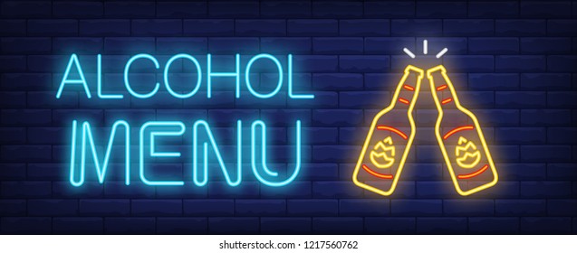 Alcohol Menu Neon Sign. Glowing Inscription With Two Beer Bottles On Dark Blue Brick Background. Can Be Used For Night Clubs, Menu, Online Beer Shops