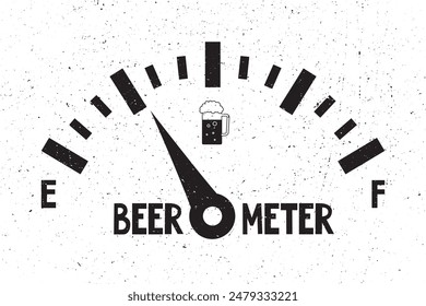 Medidor de alcohol - el nivel de cerveza es bajo. Medidor con valor vacío. Necesito cerveza. Escala de medida, medidor de cerveza. Diseño sobre fondo grunge blanco. Cartel motivacional, Anuncio imprimible. Ilustración vectorial