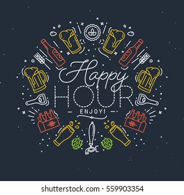 Alcohol monogram in flat style lettering happy hour enjoy drawing with color lines on dark background