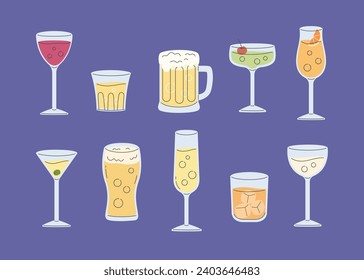 Alcohol and non-alcohol beverage. Classical drinks in various glassware, juice, wine, champagne, beer, cocktail. Flat cartoon style vector illustration isolated on white background