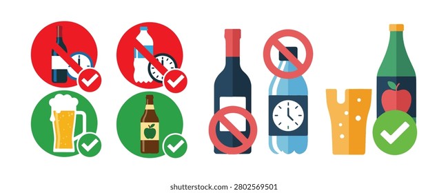 Alcohol and non-alcoholic drinks allowed and prohibited. time restriction for certain beverages. vector illustration.