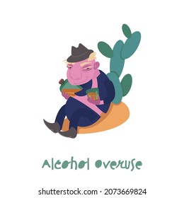 Alcohol overuse. Cartoon character in a trendy style. Healthcare, addiction, medicine image. Bad habit sign. Creative pictogram, logotype. Vector illustration on a white background