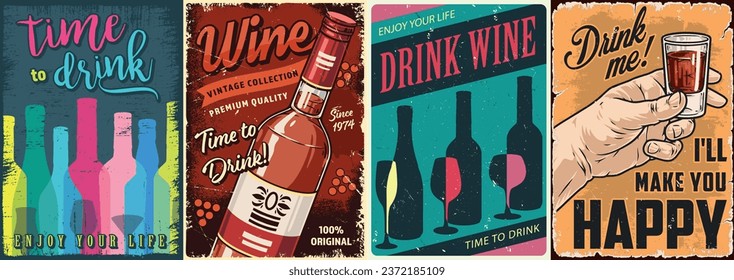 Alcohol party colorful set stickers with wine bottles and shot glass of scotch for liquor store interior design vector illustration