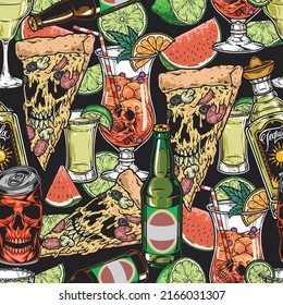 Alcohol party pattern seamless vintage colorful pizza and bachelor party cocktails Mexico style tequila lime in shot glass vector illustration