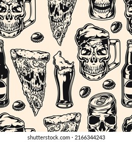 Patrón de fiesta de alcoholismo gafas de cerveza monocromas inmaculadas con espuma y latas de hierro dentadas con caras de halloween ilustración vectorial