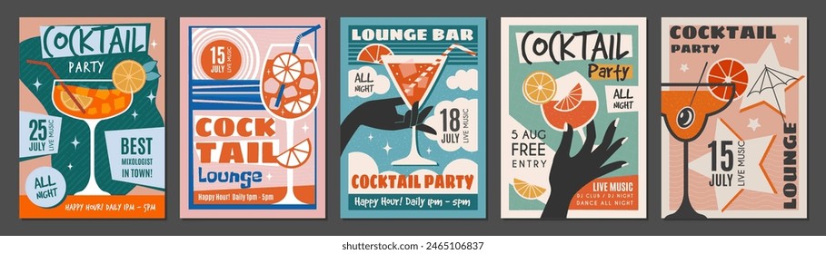 Alcohol party. Poster invitation for cocktails party recent vector templates placards for night club