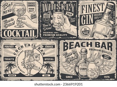 Alcohol party set stickers monochrome with advertising bar with tequila and cocktail or whiskey with gin in assortment vector illustration