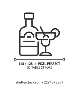 Alcohol pixel perfect linear icon. Strong drink. Adult beverage. Liquor store. Club bar. Cocktail menu. Thin line illustration. Contour symbol. Vector outline drawing. Editable stroke