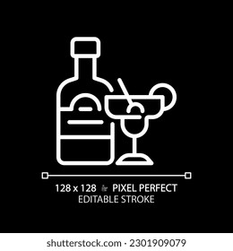 Alcohol pixel perfect white linear icon for dark theme. Strong drink. Adult beverage. Liquor store. Club bar. Cocktail menu. Thin line illustration. Isolated symbol for night mode. Editable stroke