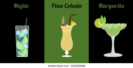 Alcohol poppular cockteils Margarita, Mojito, Pina colada. Template design isolated on black and green background. Flat vector illustration.