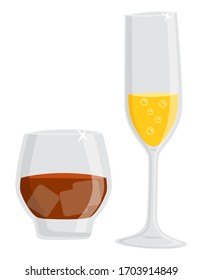 Alcohol poured in glass vector, isolated set of champagne with bubbles and dark rum. Beverage with ice, cold drink for partying and celebration flat style
