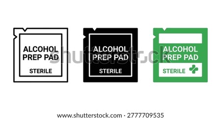 Alcohol prep pad sterile wipe icon set for medical sterilization and first aid cleaning procedures with sterilization