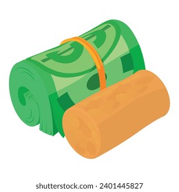 Alcohol production icon isometric vector. Wine cork near roll of dollar banknote. Winemaking, business, hobby