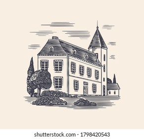 Alcohol production plant. Cognac castle. Engraved hand drawn vintage sketch. Woodcut style. Vector illustration 