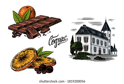 Alcohol production plant. Cognac castle. Chocolate bar with orange and citrus. Engraved hand drawn vintage sketch. Woodcut style. Vector illustration for menu or poster.