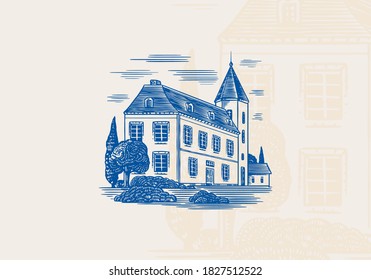 Alcohol production plant. Cognac castle. Engraved hand drawn vintage sketch. Woodcut style. Vector illustration 