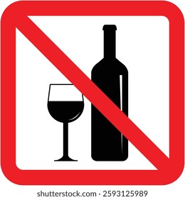 Alcohol prohibition sign featuring a bottle and a glass with red curved square border, strongly indicating that alcohol is not allowed. Clear visual representation with isolated background.