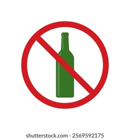 Alcohol prohibition sign. Red crossed out circle with green bottle. Vector illustration.