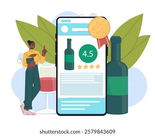 Alcohol rating online. Woman near smartphone with bottle of wine. Online sommelier website. Winemaking and vinery. Tasting alcoholic beverages on internet. Flat vector illustration