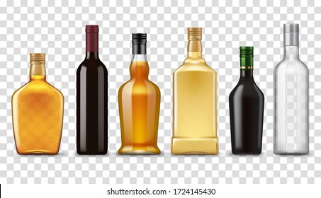 Alcohol realistic drink bottles, vector isolated 3D mockup objects. Premium quality alcohol drink bottles of whiskey, vodka, wine and liquor, rum and scotch, tequila, vermouth and cocktail beverages