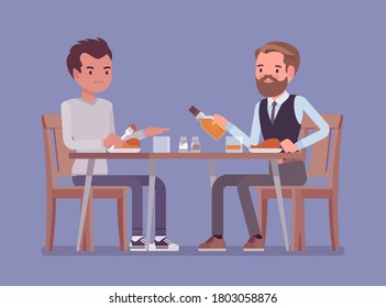 Alcohol refusal in pressure to drink. Male friends enjoy restaurant, cafe dinner, beverage offer and no thanks, enough reply, person choosing healthy lifestyle. Vector flat style cartoon illustration