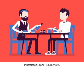 Alcohol refusal in pressure to drink. Male friends enjoy restaurant, cafe dinner, beverage offer and no thanks, enough reply, person choosing healthy lifestyle. Vector creative stylized illustration