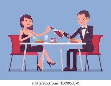 Alcohol refusal in pressure to drink. Man and woman enjoy date in restaurant, cafe dinner, offer and no thanks, enough reply, person choosing healthy lifestyle. Vector flat style cartoon illustration