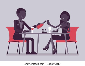 Alcohol refusal in pressure to drink. Man and woman enjoy date in restaurant, cafe dinner, offer and no thanks, enough reply, person choosing healthy lifestyle. Vector creative stylized illustration