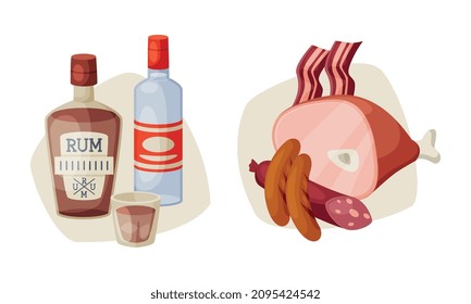 Alcohol with Rum in Glass Bottle and Meat with Wurst and Ham Vector Set