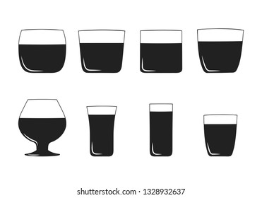 Alcohol rum, whiskey, cognac, brandy, scotch drink glasses, vodka and tequila shots. Bar cocktail booze. Vector illustration.
